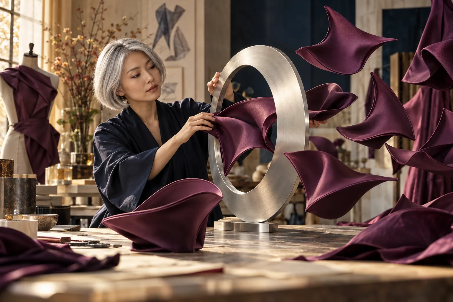 A fashion designer guides varied satin forms through one consistent shaping frame.