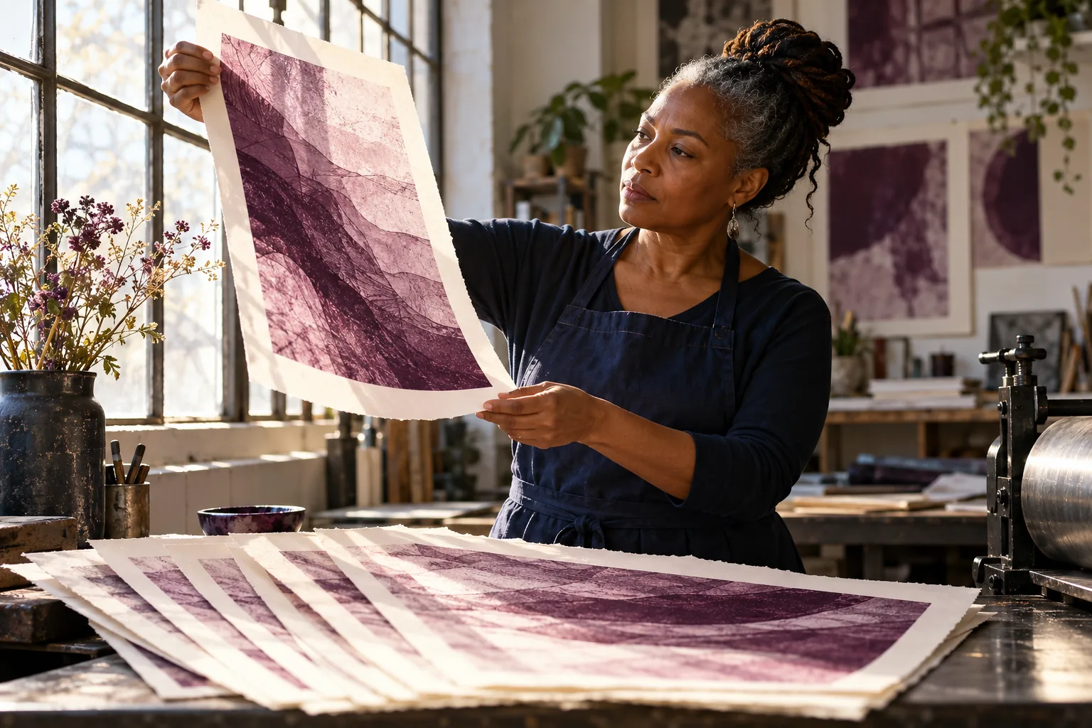 A printmaker inspects one translucent proof before approving a finished series.