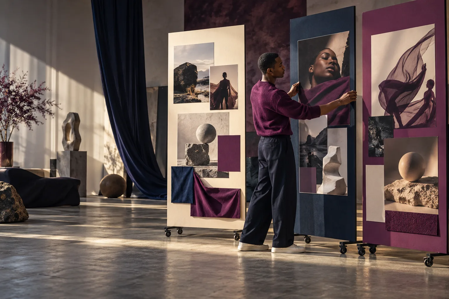 A young Black male creative with close cropped hair arranging three distinctly different campaign compositions of sculptural shapes and unlettered photographs on tall movable panels in a dramatic photographic studio, choosing and refining.