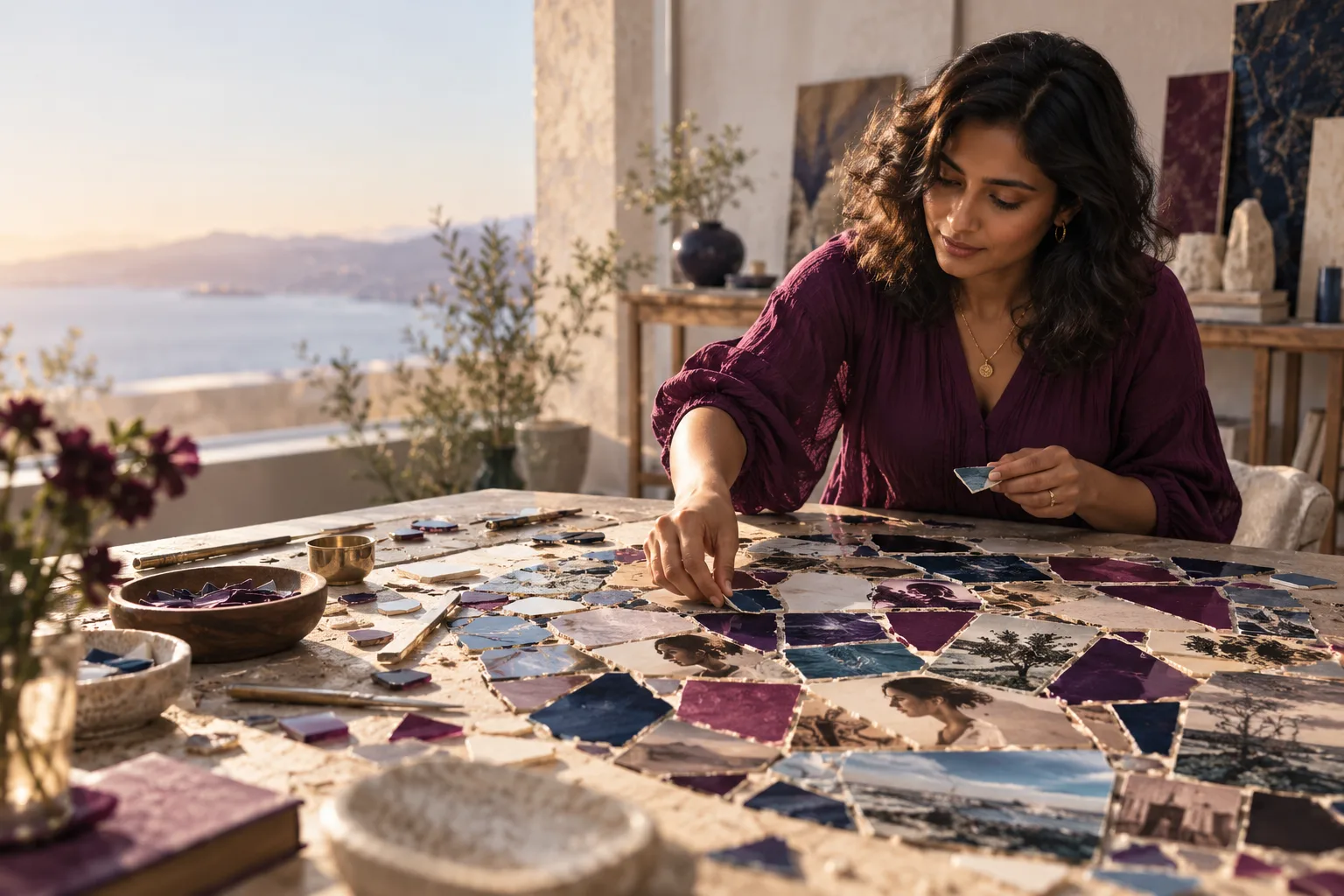 A South Asian woman researcher with wavy shoulder-length hair assembling irregular fragments of interview evidence represented by unlettered tactile photographs and colored glass into a beautiful physical mosaic, in a light-filled atelier.