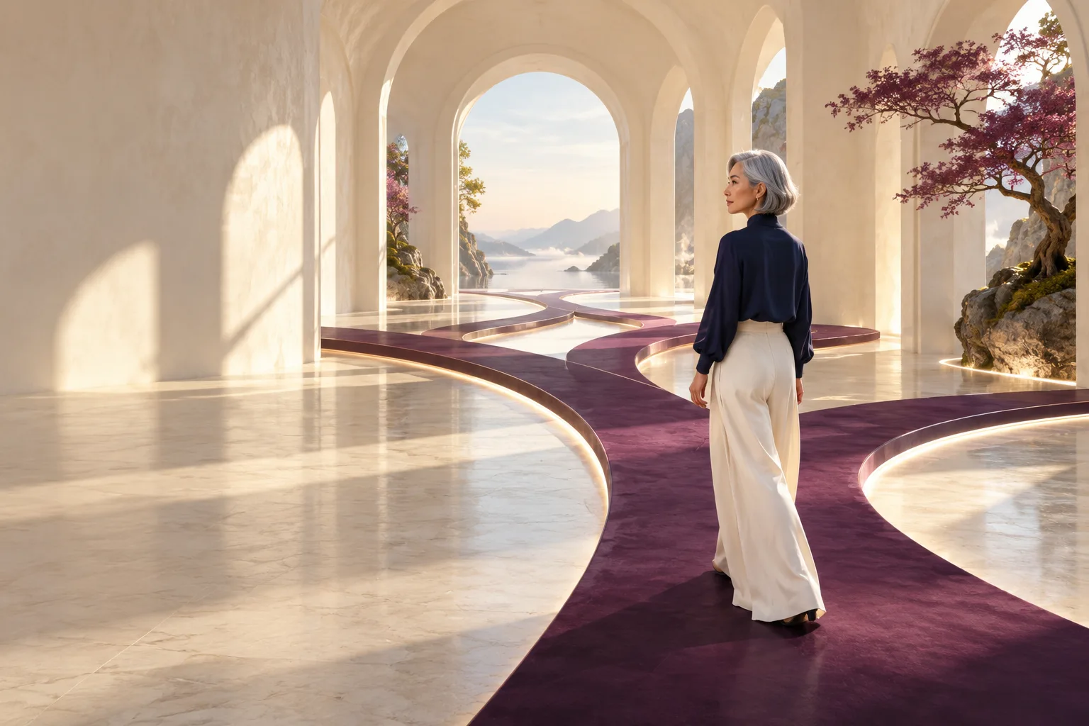 A mature East Asian woman analyst with short silver bob thoughtfully choosing one of multiple subtly illuminated plum pathways in an expansive ivory gallery, sculptural pathways join toward a clear opening.